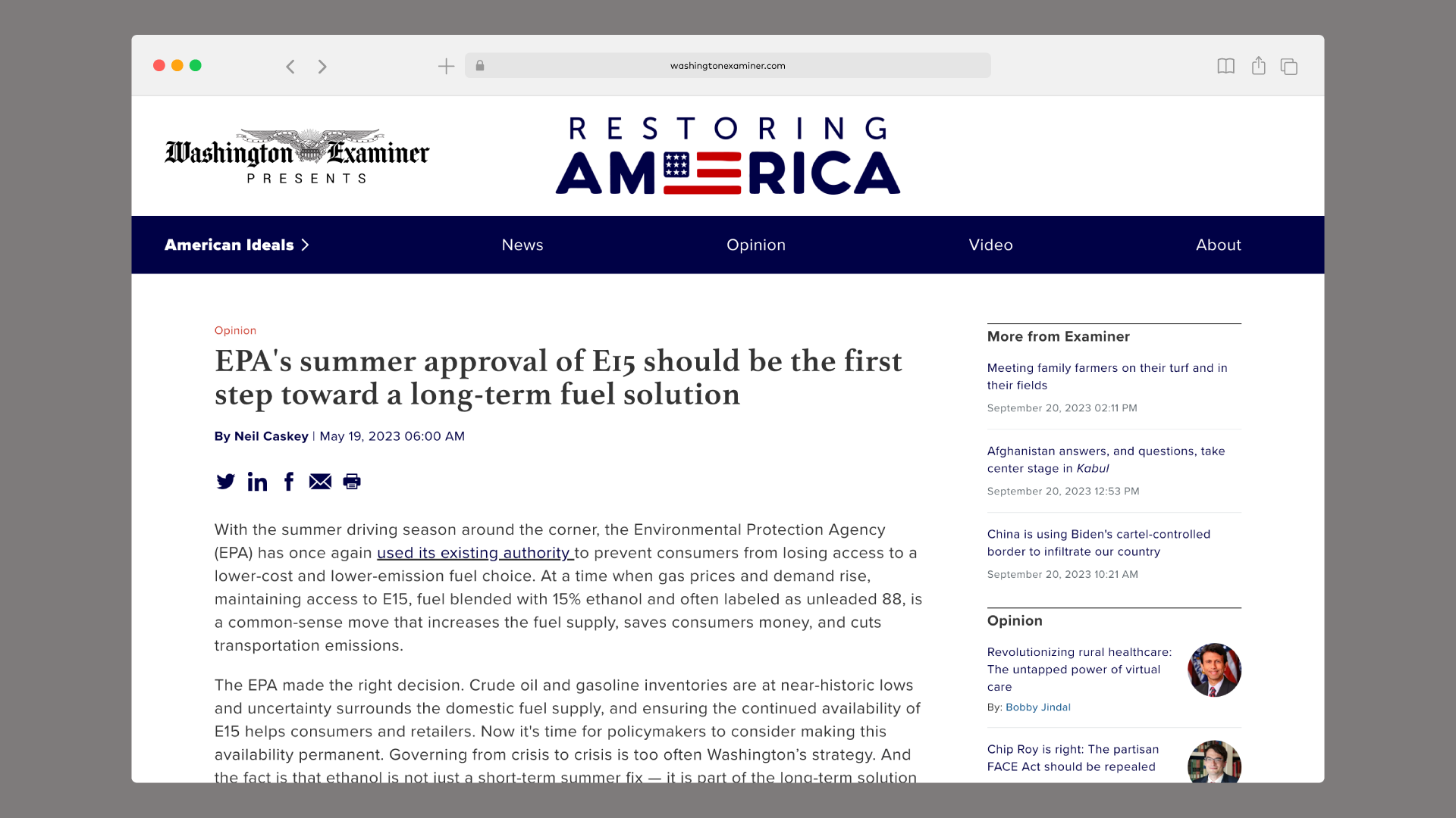 E15 Opinion piece on Washington Examiner Desktop