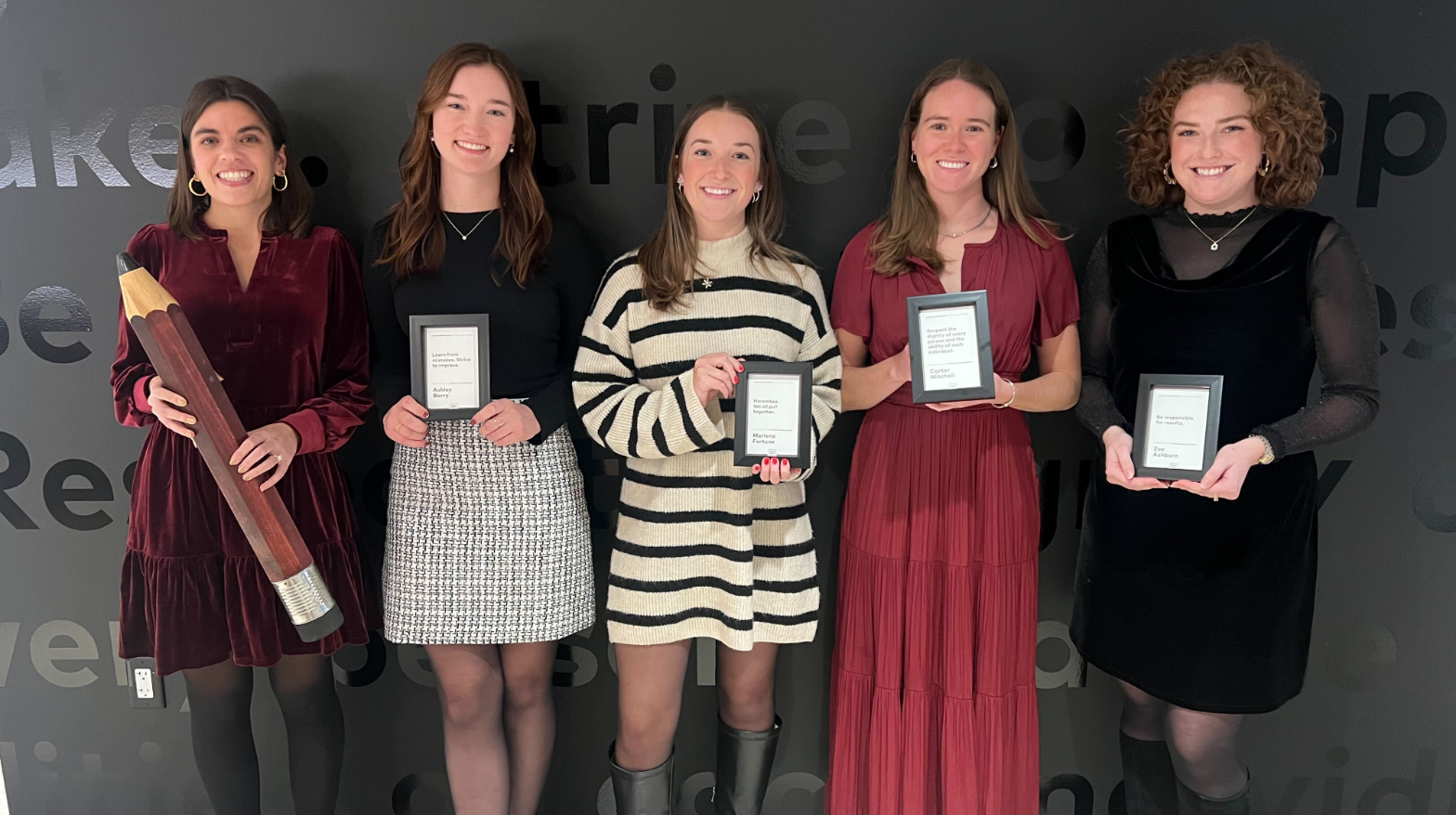 2024 Award Winners: Rebecca Walker (Battle Writing Award), Ashley Berry (Learn from Mistakes, Strive to Improve), Marlena Fortune (Harambee), Carter Mitchell (Respect), and Zoe Ashburn (Responsible for Results). Not pictured: Bella Ibrahim (Mascott Award).